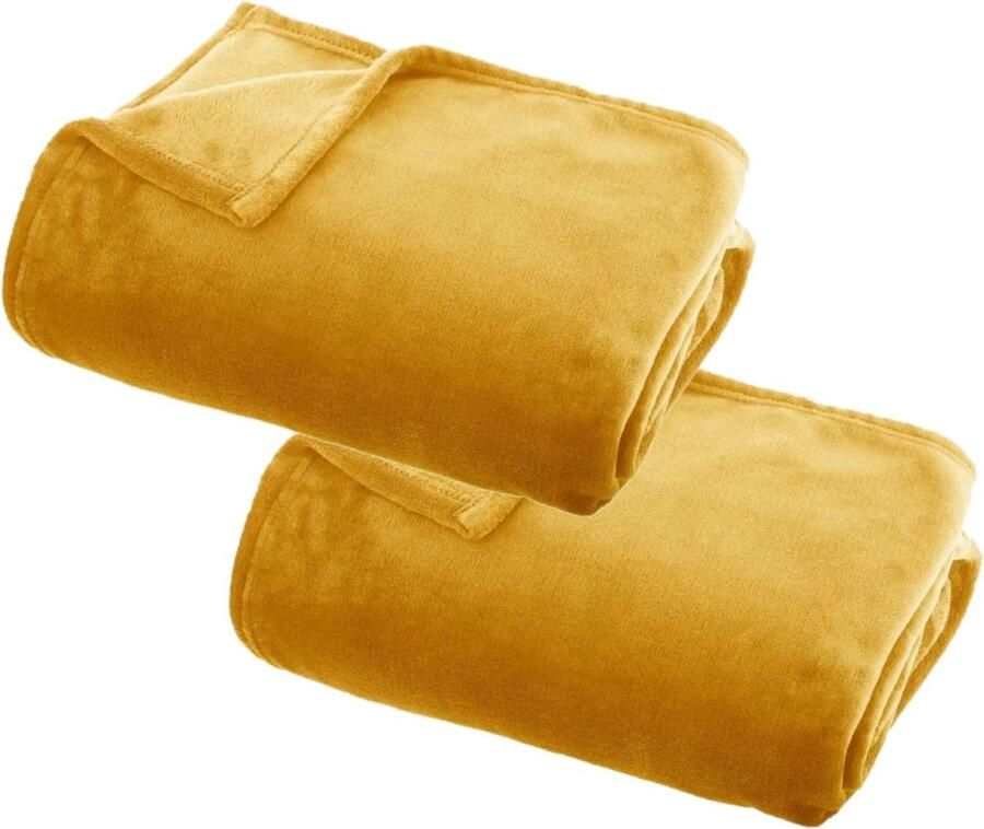 Atmosphera Plaid deken 2x okergeel polyester 125 x 150 cm Bed bankdeken Fleece plaid Lekker warm