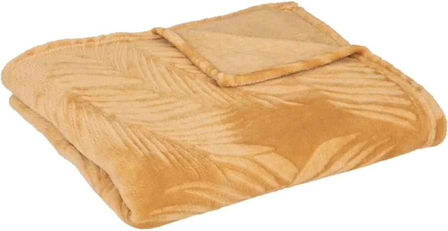 Atmosphera Plaid bank deken Zoa okergeel 125 x 150 cm polyester fleece Leafs motief bedsprei