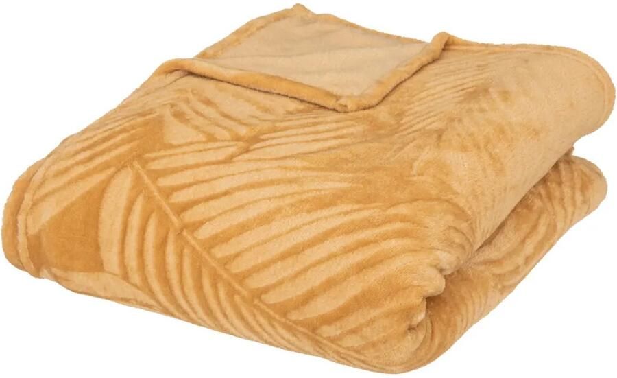 Atmosphera Plaid bank deken Zoa okergeel 180 x 230 cm polyester fleece Leafs motief bedsprei