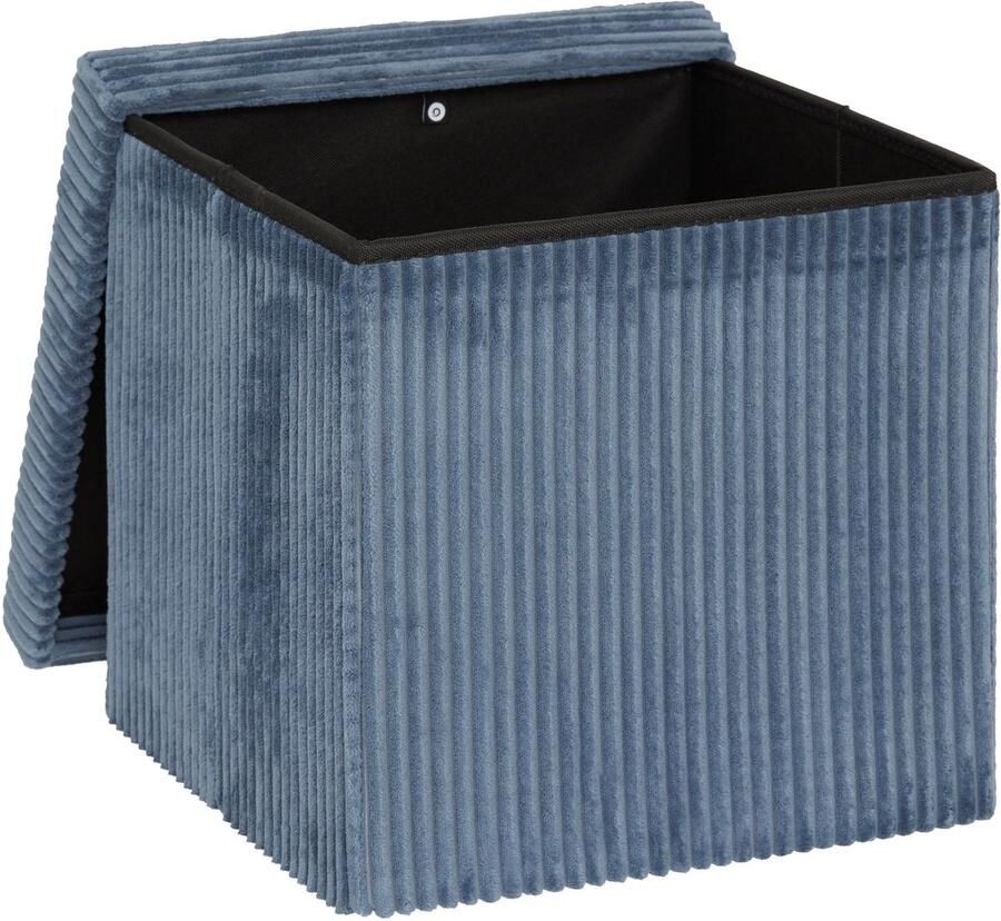 Atmosphera Hocker Poef Essestial Ribcord opvouwbaar blauw MDF polyester 38 x 38 cm met opbergruimte extra zitplaatsen - Foto 2