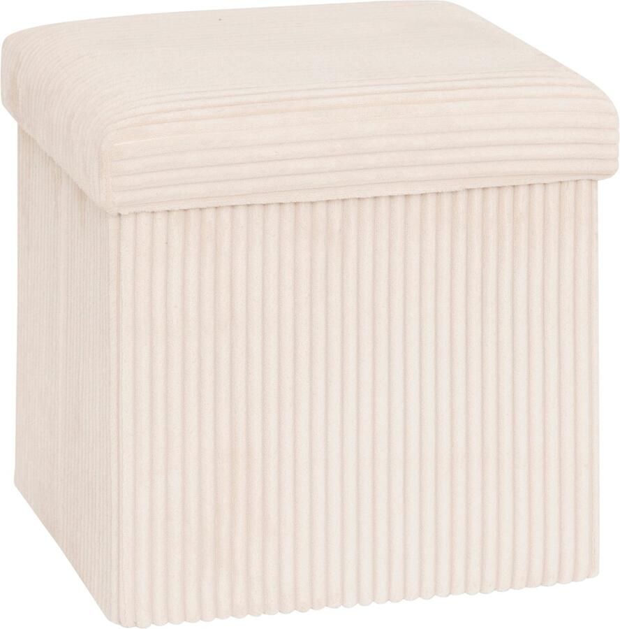 Atmosphera Hocker Poef Essestial Ribcord opvouwbaar wit MDF polyester 38 x 38 cm met opbergruimte extra zitplaatsen