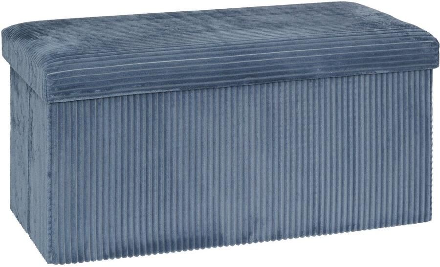 Atmosphera Hocker Poef Essestial Ribcord opvouwbaar blauw MDF polyester 76 x 38 cm met opbergruimte extra zitplaatsen 2 persoons