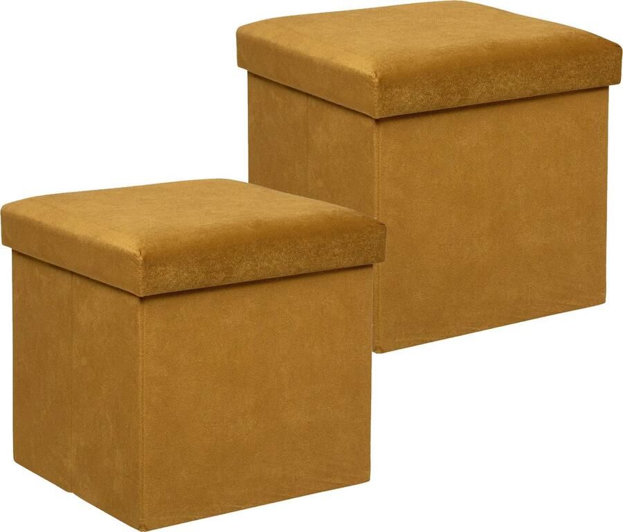Atmosphera Poef krukje hocker Amber 2x Opvouwbare zit opslag box fluweel Okergeel D38 x H38 cm MDF polyester