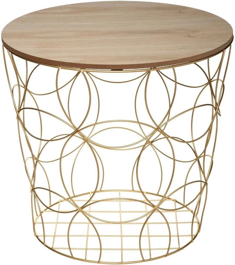 Atmosphera Set van 3 bijzettafels in goudkleurig metaal en paulowniahout