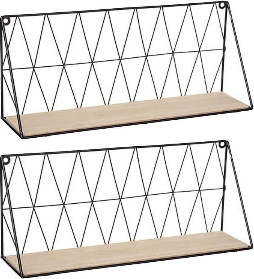 Atmosphera Wandplank boekenplank Anna 2x zwart metaal hout draadframe 48 x 12 x 20 cm