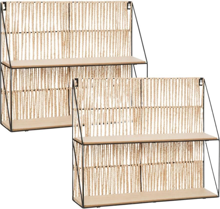 Atmosphera Wandplankje Tatra 2 laags 2x zwart beige metaal hout papier 48 x 12 x 40 cm muur planken