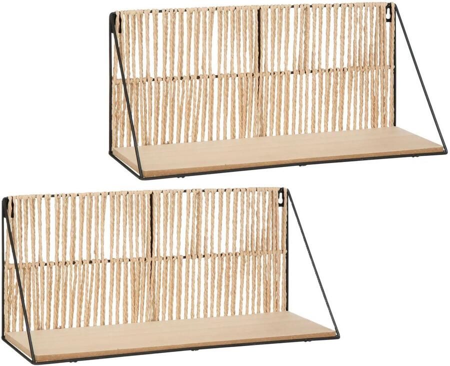 Atmosphera Wandplankje Tatra 2x zwart beige metaal hout papier 48 x 12 x 20 cm muur planken