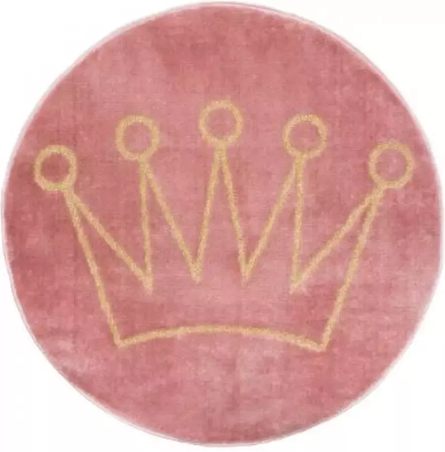 Atmosphera Créateur d'intérieur Vloerkleed KIKI kinderkamer kroonteken roze goud rond tapijt vloerkleed rond mat kinderkamer antislip 80 cm