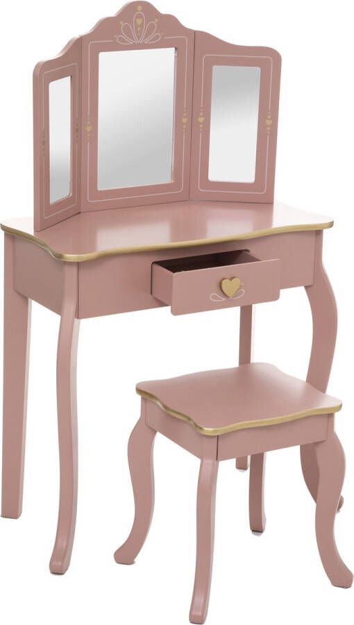 Atmosphera Sisi Kaptafel make up visagie tafel hartje design kinderkamer meisje met krukje roze met gouden afwerking