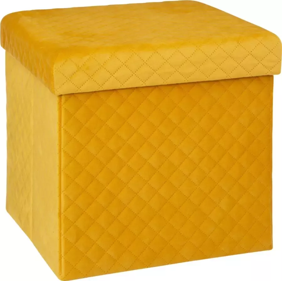 Atmosphera Poef hocker voetenbankje opbergbox fluweel geel PO MDF 31 x 31 x 31 cm Poefs - Foto 1