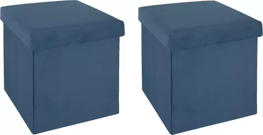 Atmosphera Poef hocker voetenbankje 2x opbergbox blauw PU MDF 38 x 38 x 38 cm opvouwbaar - Foto 1