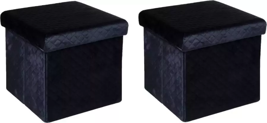 Atmosphera Poef hocker voetenbankje 2x opbergbox fluweel donkerblauw PU MDF 31 x 31 x 31 cm opvouwbaar - Foto 1