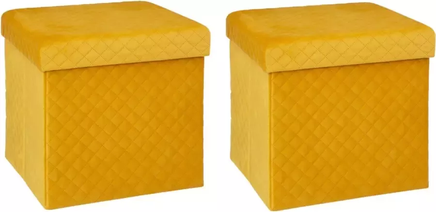 Atmosphera Poef hocker voetenbankje 2x opbergbox fluweel geel PU MDF 31 x 31 x 31 cm opvouwbaar - Foto 1