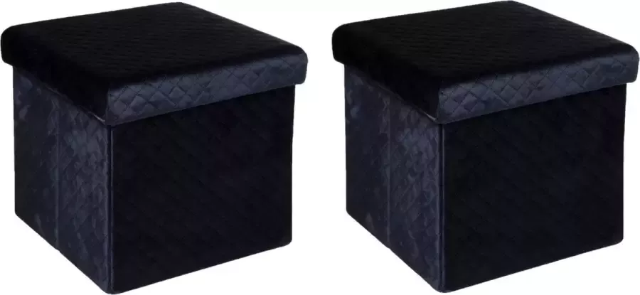 Atmosphera Poef hocker 2x opbergbox fluweel zwart kunststof mdf 31 x 31 x 31 cm opvouwbaar Krukjes