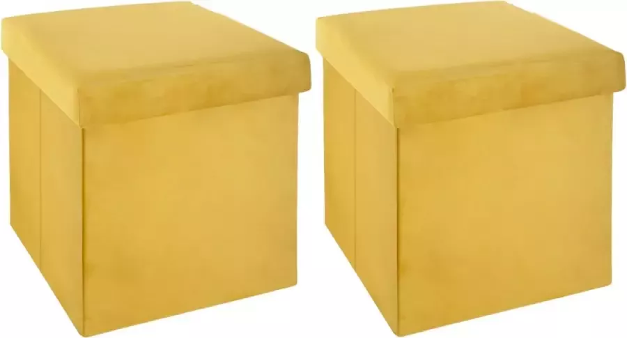 Atmosphera Poef hocker 2x opbergbox geel kunststof mdf 38 x 38 x 38 cm opvouwbaar Krukjes - Foto 1