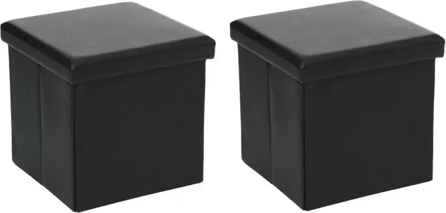 Atmosphera Poef Hocker voetenbankje 2x opbergbox zwart pvc mdf 38 x 38 cm opvouwbaar - Foto 1
