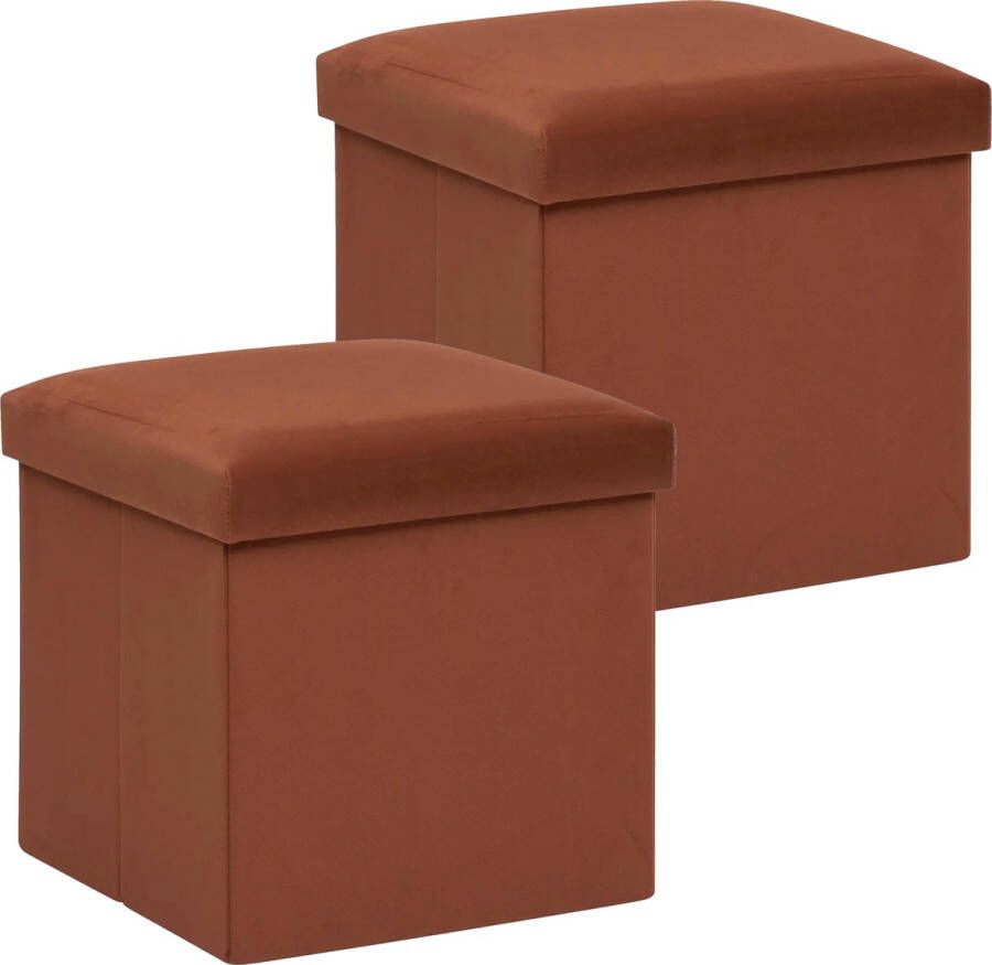 Atmosphera Poef krukje hocker Amber 2x Opvouwbare zit opslag box fluweel roest bruin D38 x H38 cm MDF polyester