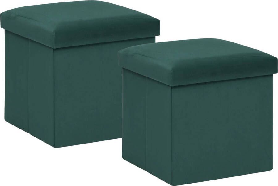 Atmosphera Poef krukje hocker Amber 2x Opvouwbare zit opslag box fluweel smaragd groen D38 x H38 cm MDF polyester