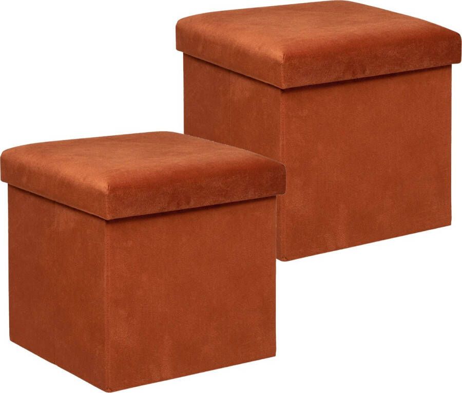 Atmosphera Poef krukje hocker Amber 2x Opvouwbare zit opslag box fluweel Terracotta D38 x H38 cm MDF polyester
