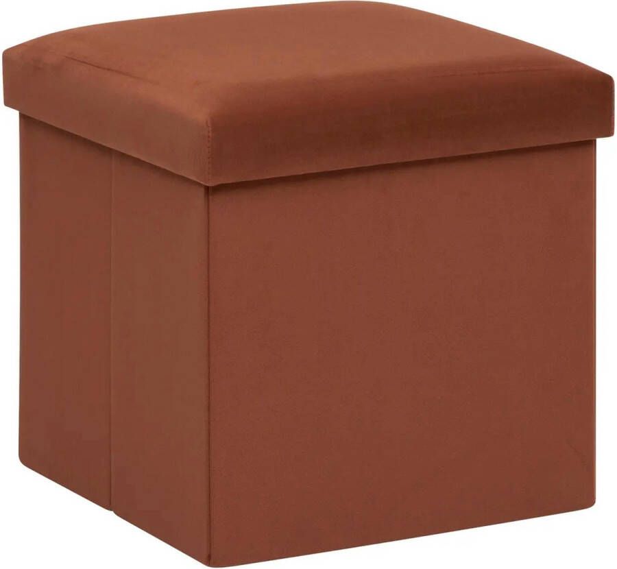 Atmosphera Poef krukje hocker Amber Opvouwbare zit opslag box fluweel roest bruin D38 x H38 cm MDF polyester