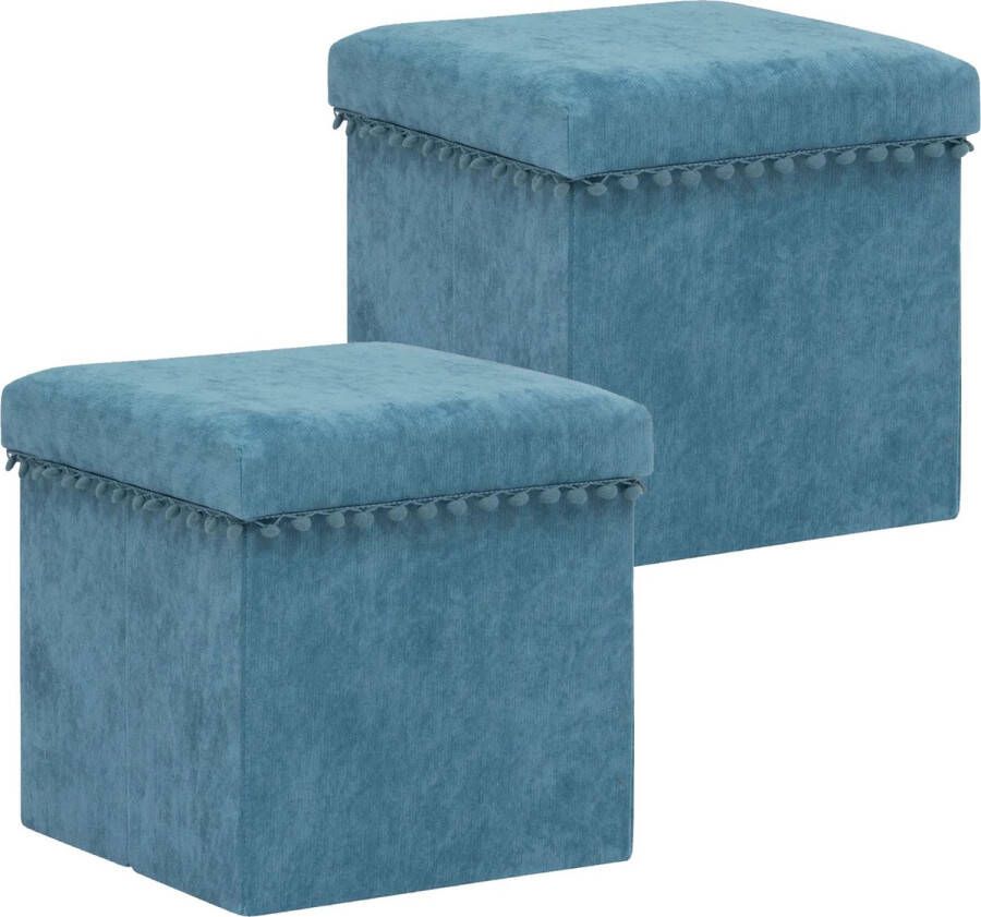 Atmosphera Poef krukje hocker Arabic 2x Opvouwbare zit opslag box fluweel Blauw D38 x H38 cm MDF polyester
