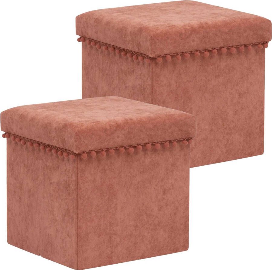 Atmosphera Poef krukje hocker Arabic 2x Opvouwbare zit opslag box fluweel Steenrood D38 x H38 cm MDF polyester