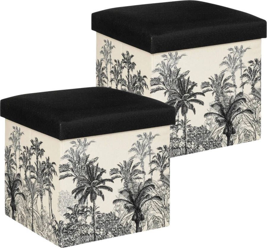 Atmosphera Poef krukje hocker Palmtrees 2x Opvouwbare zit opslag box creme wit zwart D39 x H39 cm MDF polyester