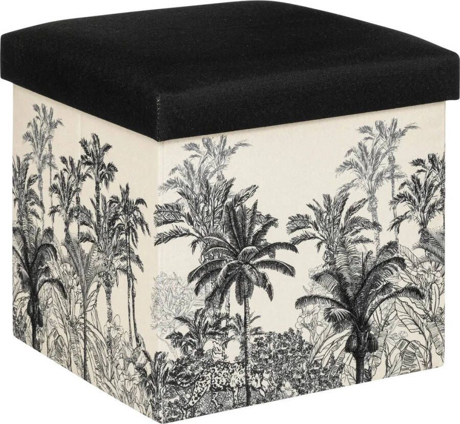 Atmosphera Poef krukje hocker Palmtrees Opvouwbare zit opslag box creme wit zwart D39 x H39 cm MDF polyester