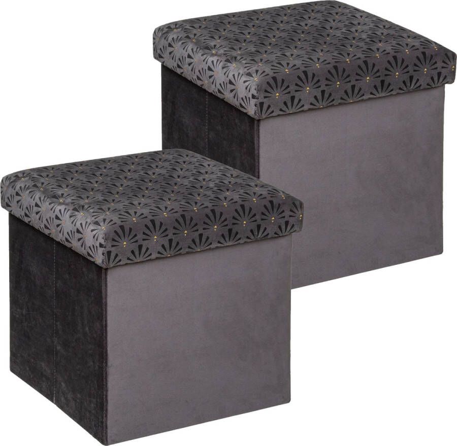 Atmosphera Poef krukje hocker Royal 2x Opvouwbare zit opslag box fluweel Donkergrijs D38 x H38 cm MDF polyester