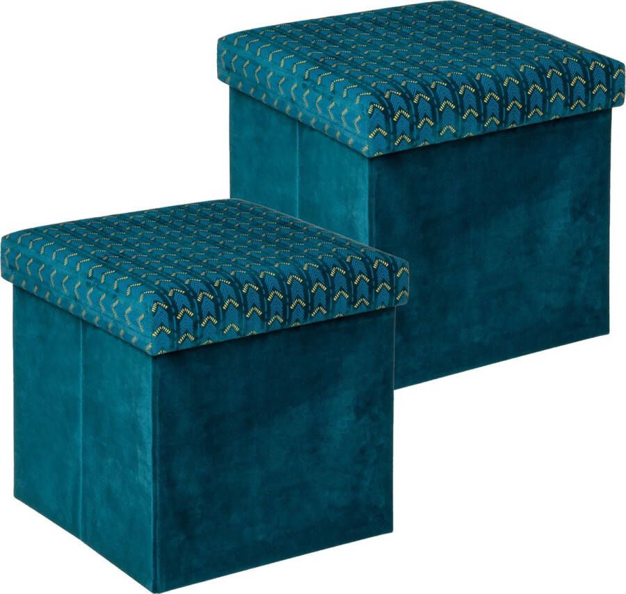 Atmosphera Poef krukje hocker Royal 2x Opvouwbare zit opslag box fluweel Smaragd groen D38 x H38 cm MDF polyester