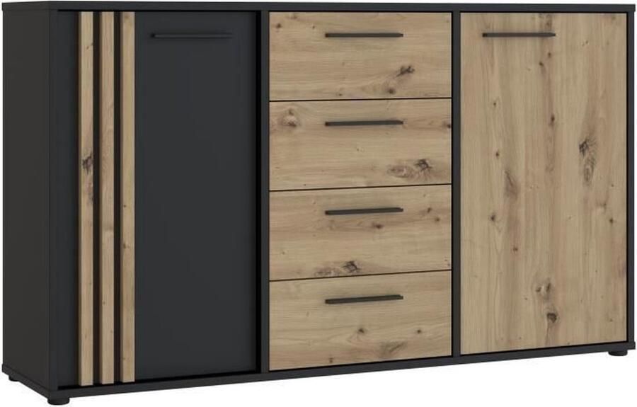 Aucune CARDIGAN dressoir 2 deuren 4 laden Ambachtelijk eiken en zwart decor L142 6 x D34 2 x H82 3 cm Zwart metalen handgrepen