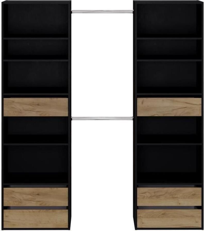 Merkloos COMBI kleedkamer met 2 kasten en 6 laden L 177 x D 48 x H 200 cm Zwart en rustiek eiken decor
