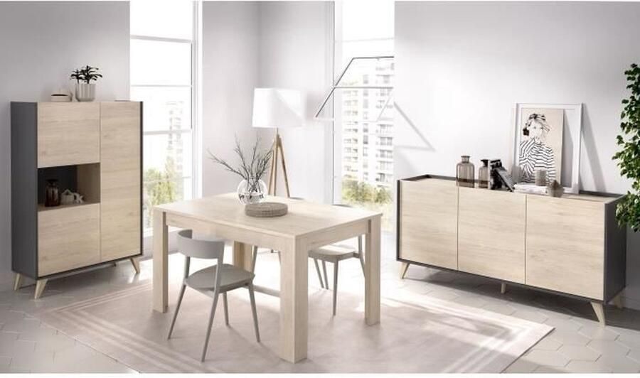 Aucune Complete eetkamer met dressoir + vitrinekast + tafel Grafiet en eiken decor L x B x H cm NESS