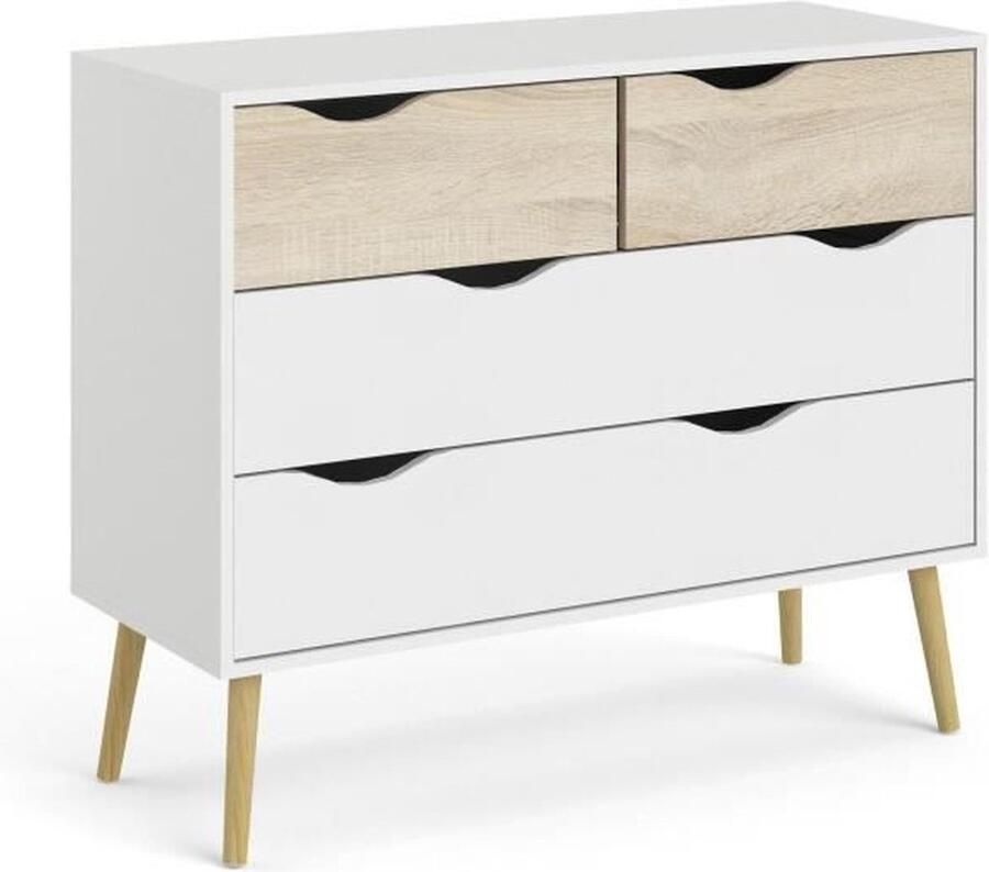 Merkloos Ladekast met 4 laden Wit eiken Uitlopende massief houten basis 98 7 x 39 1 x 81 7 cm TVILUM