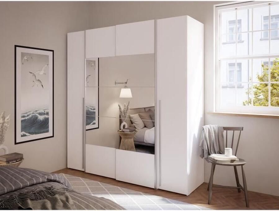 Merkloos NARAGO kledingkast Mat wit decor 2 schuifdeuren + spiegel + 2 draaideuren + 2 kledingkasten L200 x D61 x H210 cm