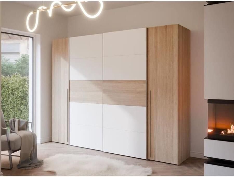 Merkloos NARAGO kledingkast Sonoma eiken en mat wit decor 2 schuifdeuren + 2 draaideuren L270 x D61 x H210 cm - Foto 13