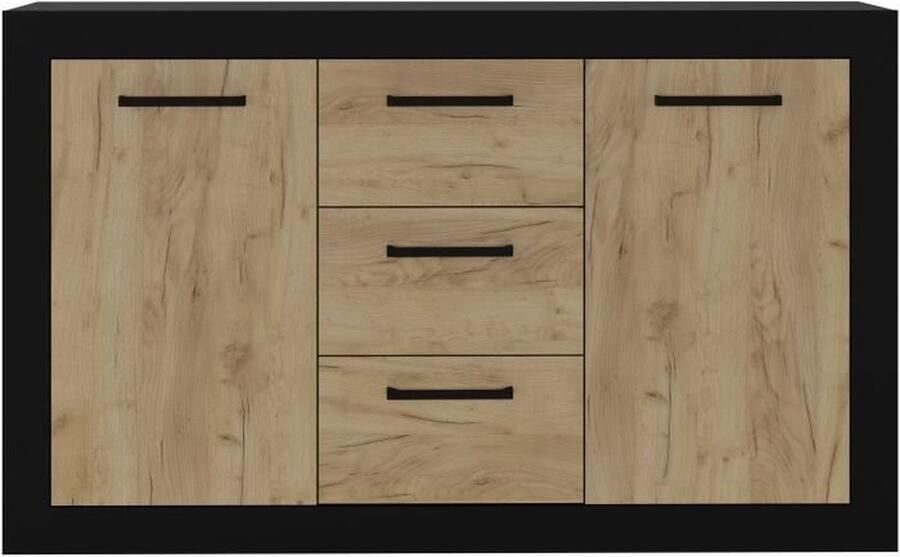 Merkloos STONE INDUS dressoir 2 deuren + 3 lades Rustiek eiken en zwarte melamine Industriële stijl L147 x D37 x H89 cm