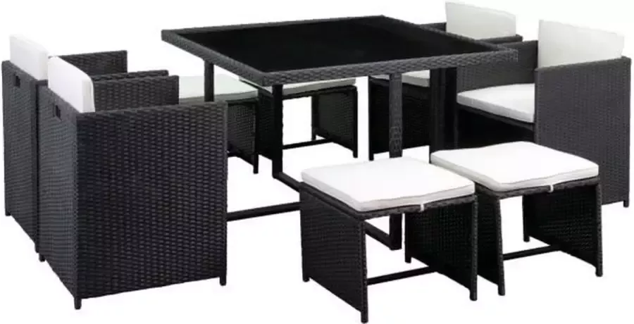 Aucune Rattan Garden Dinerset met kussens 8 personen Zwart