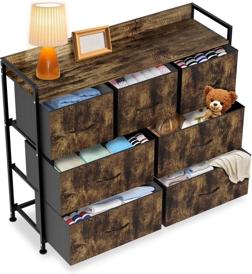 Aufun Ladekast Met 7 Stoffen Lades Slaapkamerladekast Opbergkast Stoffen Ladekast Metalen Frame Stoffen Ladekast (Houtnerf)