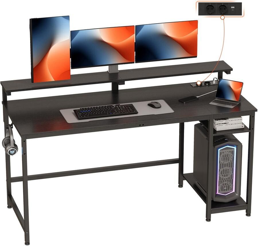 Aufun Multifunctioneel Computerbureau Werktafel Met Monitorstandaard Opbergruimte En Koptelefoonhaak Geschikt Voor Studie Werk En Spel Zwart