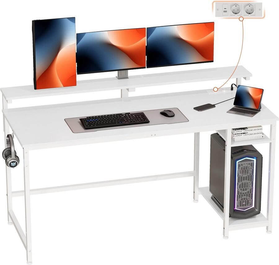 Aufun Multifunctioneel Computerbureau Werktafel Met Monitorstandaard Opbergruimte En Koptelefoonhaak Geschikt Voor Studie Werk En Gamen Wit