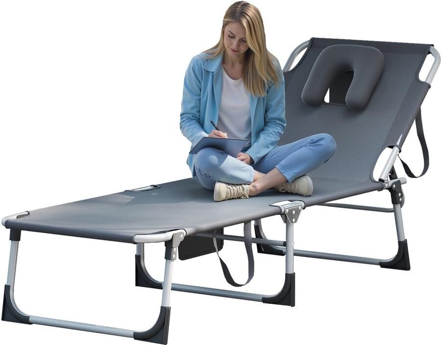 Aufun Opvouwbare Ligstoel Met Gezichtsopening Strandligstoel Met Kussen & Draaggrepen & Zijvak 3-Voudig Verstelbaar Ligvlak Tuinligstoe Lichtgrijsl Voor Tuinterras Strandvakantie Donkergrijs