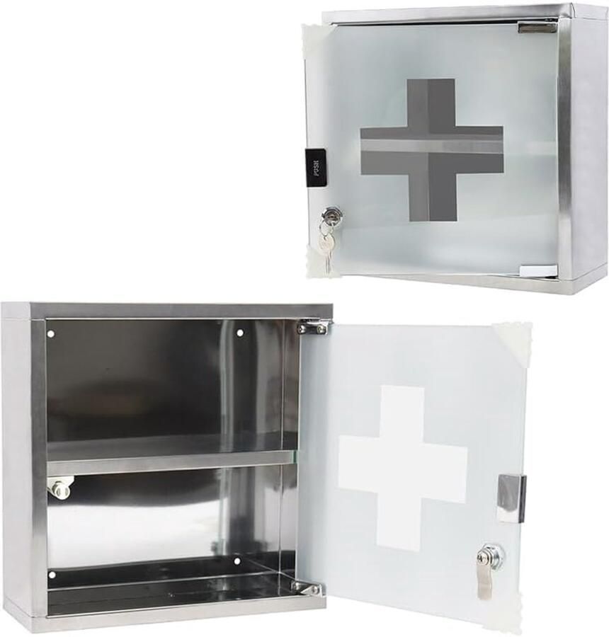 Aufun Roestvrij Stalen Medicijnkast Afsluitbare Medicijnkast met Glazen Deur Eerste Hulp Kast 2 Compartimenten voor Thuis Zilver 30x12x30cm