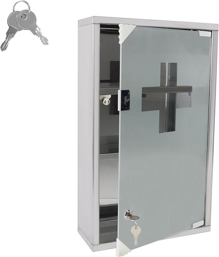 Aufun Roestvrij Stalen Medicijnkast Afsluitbare Medicijnkast met Glazen Deur Eerste Hulp Kast 3 Compartimenten voor Thuis Zilver 30x12x50cm