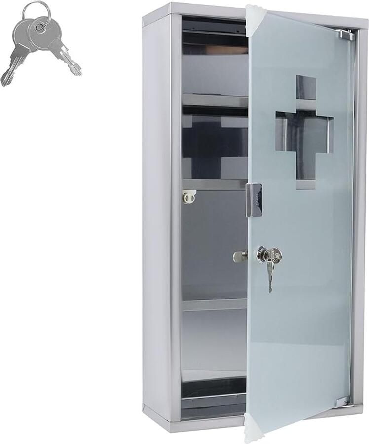 Aufun Roestvrij Stalen Medicijnkastje Afsluitbaar Medicijnkastje met Glazen Deur Eerste Hulp Kast 4 Compartimenten voor Thuis Zilver 30x12x57.5cm
