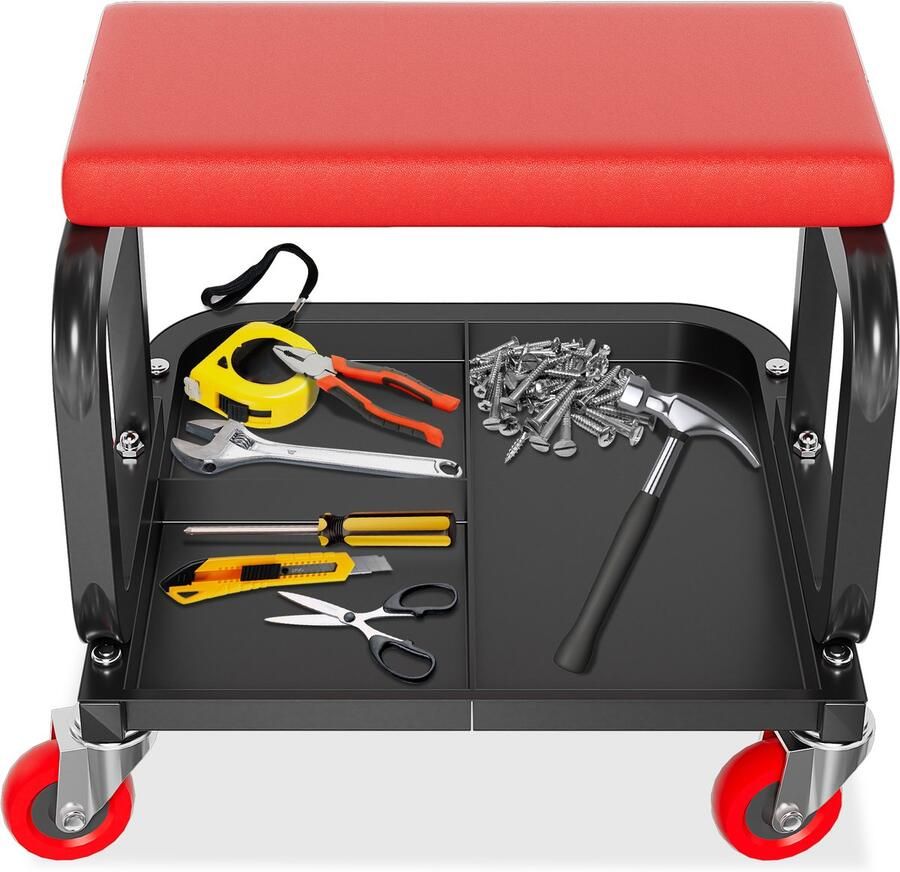 Aufun Werkplaatsrolplank Werkplaatskruk Verrijdbare Zitting Montagebank Met 360° Wielen Montagekruk Garagekruk Inclusief Opbergbox Voor Pallets (Type C)