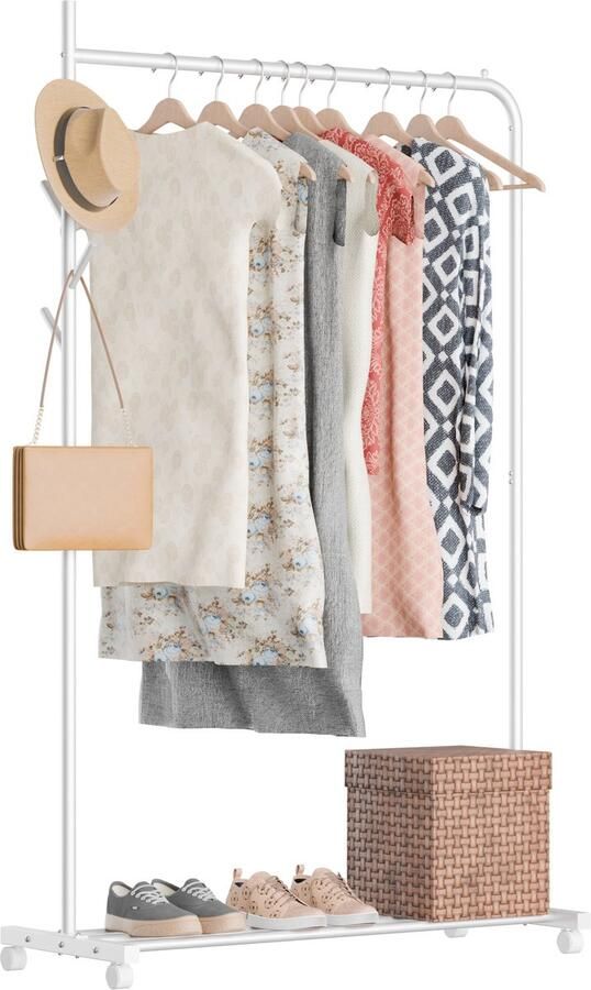 Avalo Kledingrek op Wieltjes Wit Metaal 100x40x156 Opbergruimte Voor Schoenen