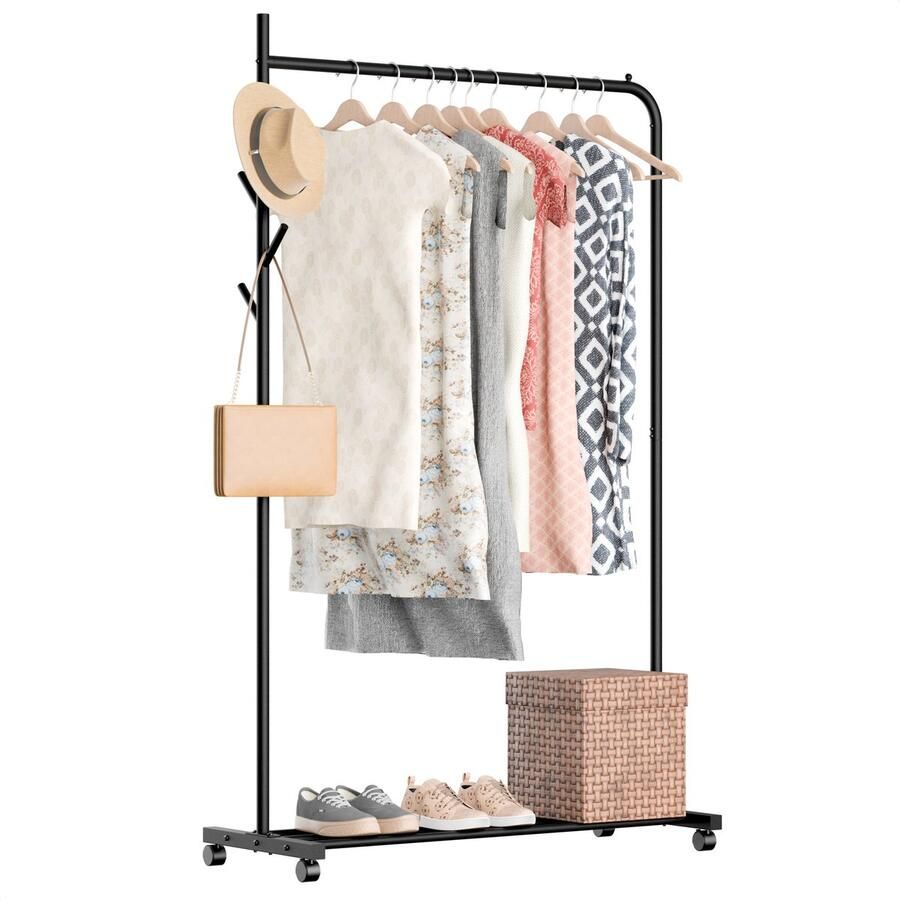 Avalo Kledingrek op Wieltjes Zwart Metaal 100x40x156 Opbergruimte Voor Schoenen