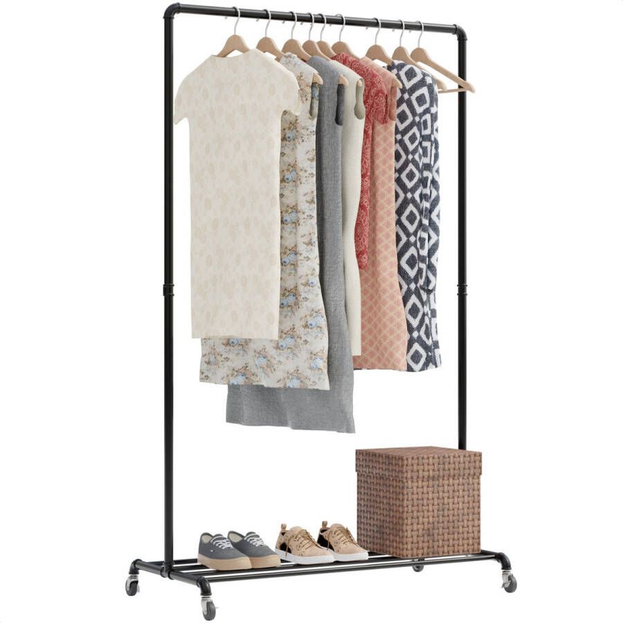 Avalo Industrieel Kledingrek op Wielen Zwart Metaal 100x49x166 Opbergruimte Voor Schoenen
