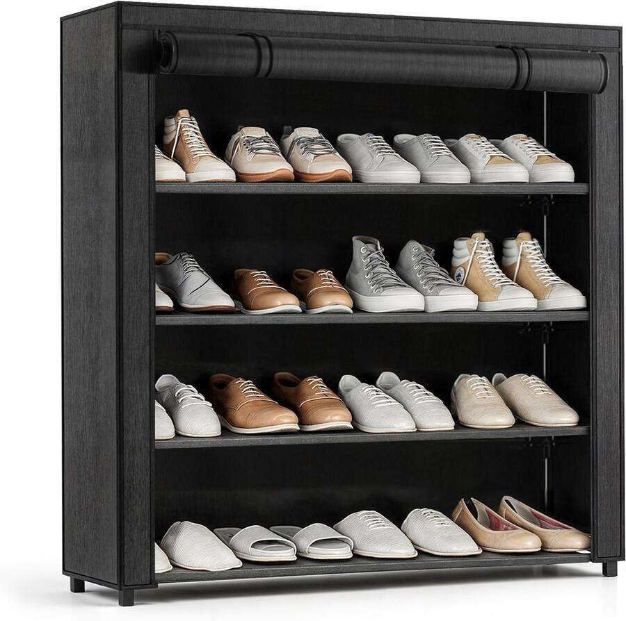 Avelona Schoenenkast Zwart – 4 Lagen Schoenenrek – Opbergkast voor 24 Paar – 72x100x28cm Schoenen Opbergsysteem – Schoenenkast Zwart